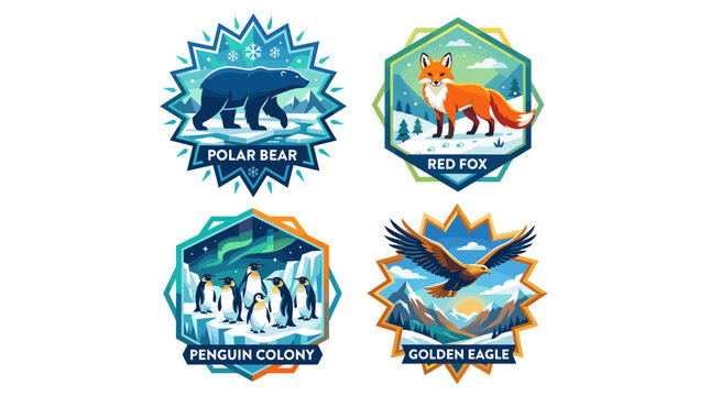 Vector illustration of four animal team badges with ice and nature themes
