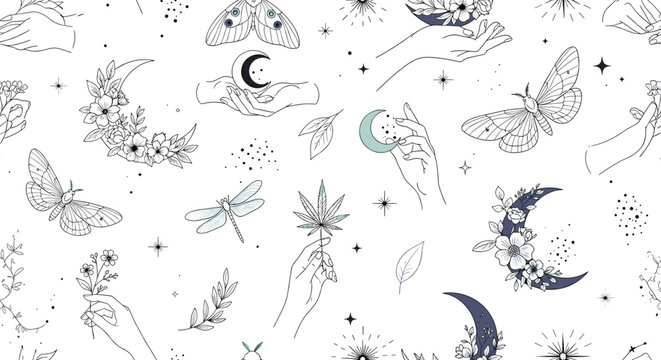 Seamless mystical pattern combines occult symbols like moons moths hands and herbs in a delicate line art design on a white background.