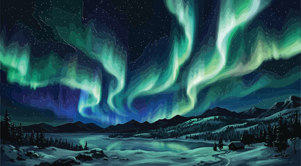 Stunning aurora borealis over a snowy mountain landscape with a small cabin © S.Siam