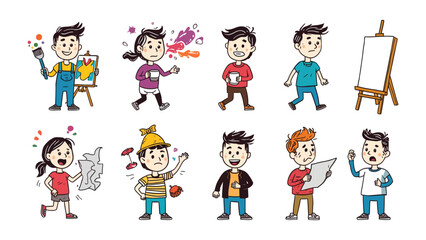Fototapeta premium Children's Creative Pursuits: A collection of playful cartoon children engaged in various artistic activities, including painting, drawing, and crafting.