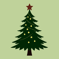 Fototapeta premium Green christmas tree with star and lights on green background Vector