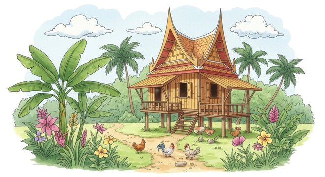 Traditional Thai House Surrounded by Tropical Plants and Animals