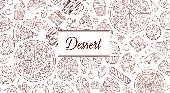 Background pattern showcases various delicious desserts pizzas and fruits drawn in a consistent brown line art style for a menu theme.