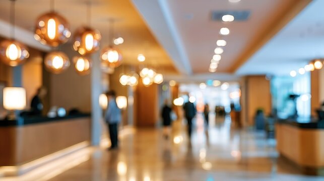 A blurred image of a modern hotel lobby with warm lighting, hanging lamps, and people walking in the background.
