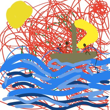 Colorful childlike drawing of a sailboat on blue waves beneath a bright sun, featuring playful abstract scribbles and imaginative ocean scenery.