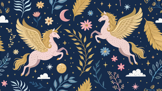 Seamless pattern with magical unicorns, golden wings, flowers, stars, and moon on a dark blue background enchanting celestial fantasy illustration