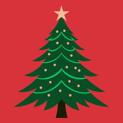 Fototapeta premium Bright green christmas tree with star top on red background Vector