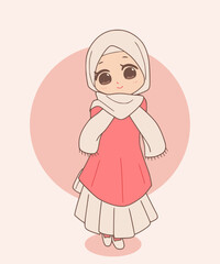Fototapeta premium Cute Muslim girl, hijab cartoon character, peach background, colorful illustration, vector graphic