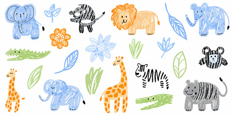 children s safari animal illustrations hand drawn style on white background © Sabita