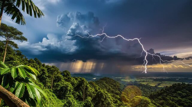Epic thunderstorm with dramatic lightning strikes over lush green jungle landscape with heavy rainfall and dark storm clouds