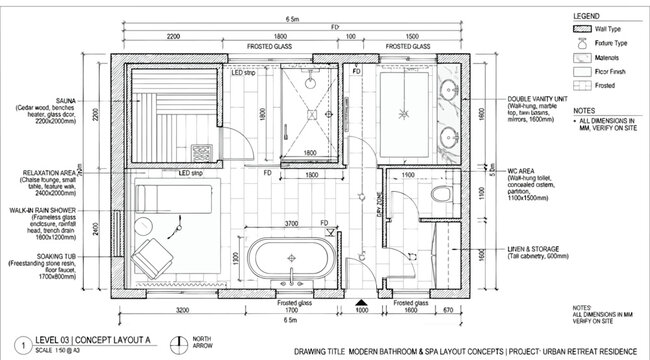Detailed architectural floor plan for a modern bathroom and spa layout featuring a sauna, relaxation area, walkin rain shower, soaking tub, and double vanity