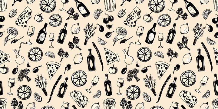 seamless vector pattern of hand drawn italian food and drink