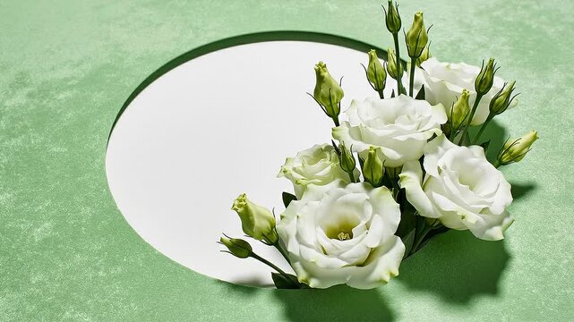 White Eustoma Flowers Opening on Green Textured Background with Copy Space for Digital Advertising
