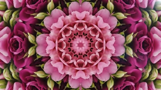 Mesmerizing Kaleidoscope of Pink Roses and Greenery, Beautiful Floral Symmetry, Artistic Visuals, Abstract Decorative Pattern
