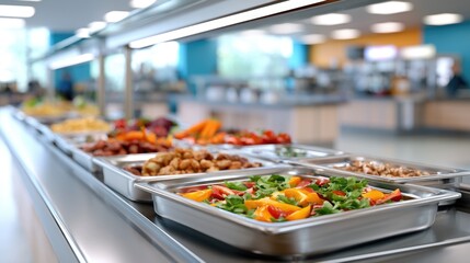 Obraz premium A buffet-style food counter with trays of fresh vegetables and cooked dishes in a well-lit, modern cafeteria setting.