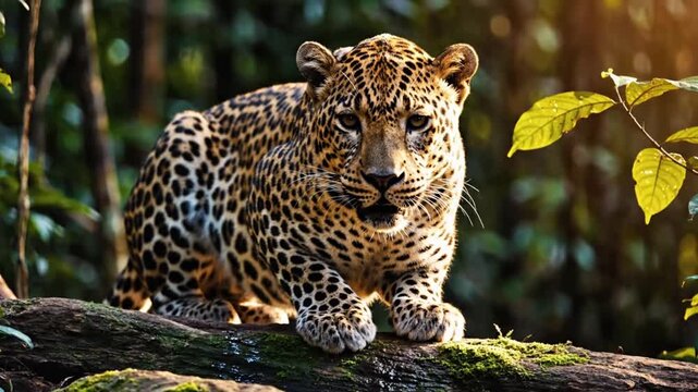 Majestic leopard resting on a mossy log in lush forest environment with sunlight illuminating its spotted fur
