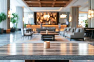 Fototapeta premium A modern, stylish wooden table with a small candle holder sits in a spacious, softly lit lounge area featuring comfortable seating and warm ambient lighting.