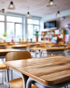 A bright, empty classroom with wooden desks and chairs, large windows letting in natural light, and a bookshelf filled with books in the background.
