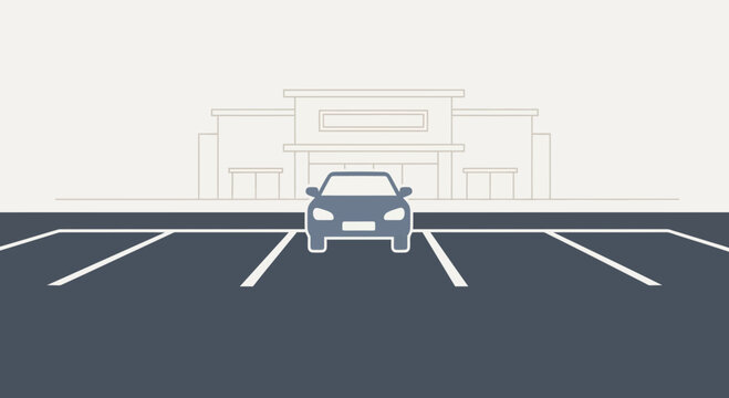 Car parked in empty shopping mall parking lot, retail store facade in background