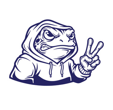 Angry cartoon frog wearing a hoodie and making peace sign with bulging eyes webbed feet amphibian character illustration attitude