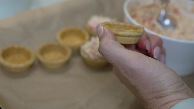 Homemade Appetizer Tartlet Filling Preparation With Chef Hands