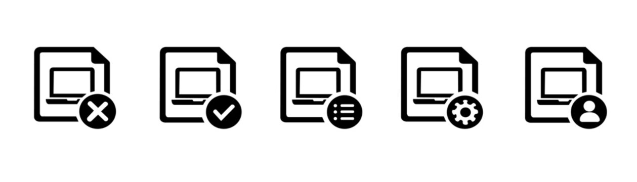 Desktop screen file icons with overlay status symbols, vector outline design. Concepts of file deletion, approval, options, settings, and user access, isolated on white background