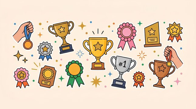 a playful hand-drawn awards and trophies themed vector illustration on a soft cream background