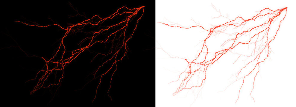 Red lightning bolt with multiple branches on black and white backgrounds  electricity concept transparent background