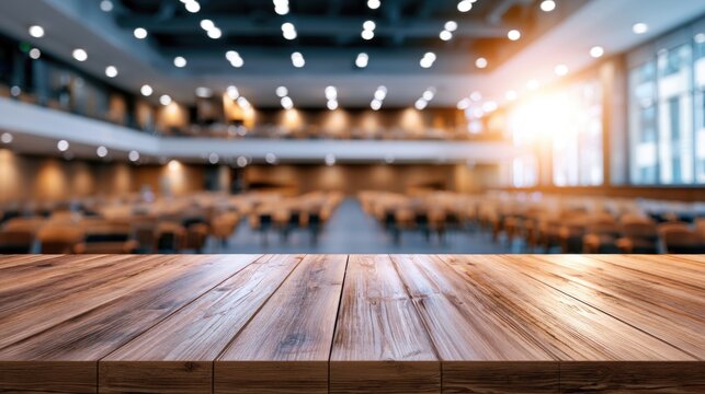 A wooden table with a blurred, modern conference room or auditorium background filled with seating and bright ceiling lights.