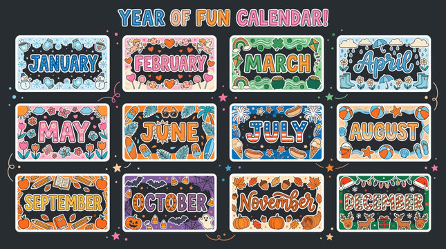 a playful hand-drawn calendar months themed vector illustration on a dark background