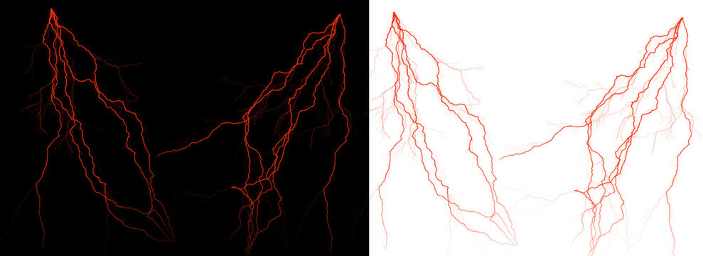 Red lightning bolts on black and white backgrounds for graphic design elements transparent background