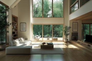 Fototapeta premium Bright and Airy Minimalist Living Room with Large Windows Overlooking Lush Green Nature Outside
