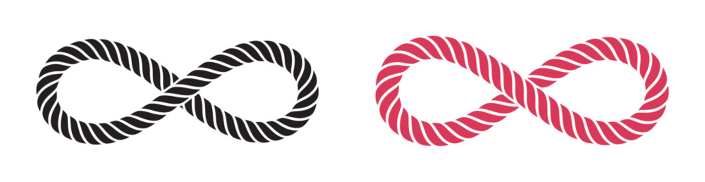 Infinity symbols vector, black and red rope textured endlessness continuity limitless possibilities abstract design isolated white background set