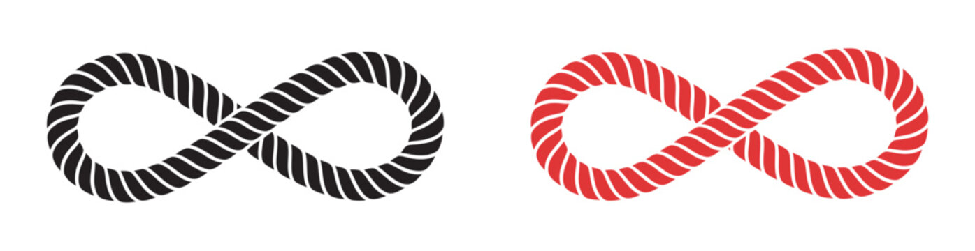 Infinity symbols vector, black and red rope textured endlessness continuity limitless possibilities abstract design isolated white background set