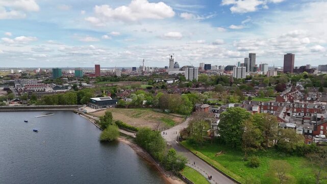 Aerial Drone Flight Towards Birmingham City Centre Skyline and Landmarks