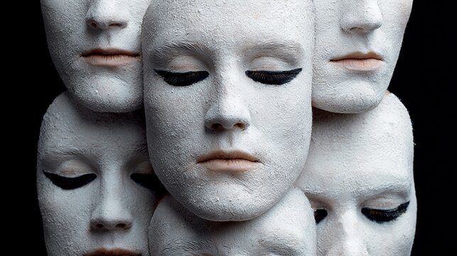 White masks with closed eyes form a haunting cluster. Each mask shows serene, emotionless expression with soft lips. Dark eyeliner contrasts starkly against pale, textured surfaces