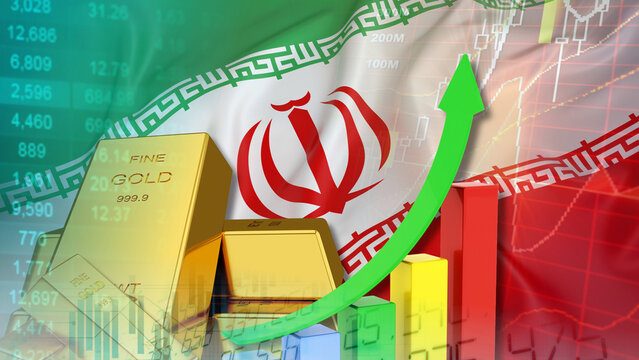 Iran gold prices are rising amid complex geopolitical and economic conditions. A financial bar chart, featuring a prominent upward-pointing green arrow against a backdrop of the Iranian flag