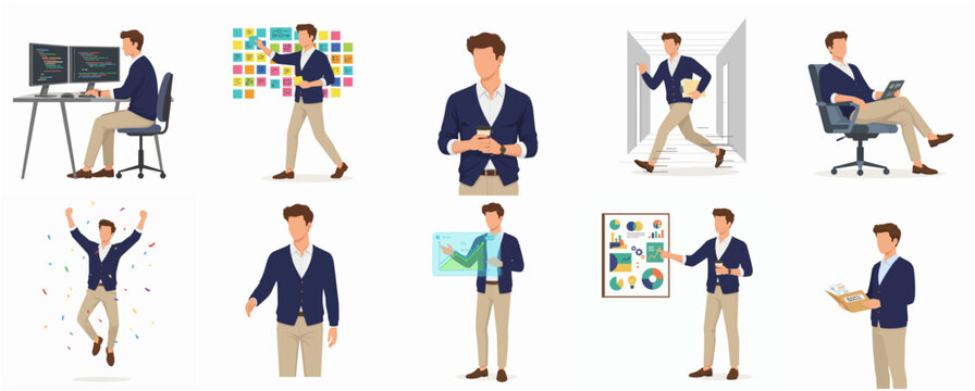 Business professional character set in various poses and office scenarios, including coding, presenting, and celebrating success. Modern flat vector illustration for corporate projects.