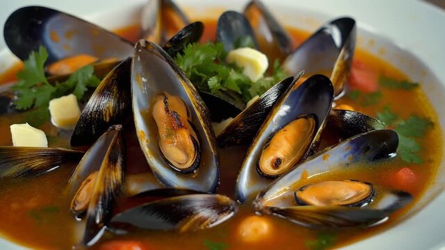 Delicious bowl of mussels in tomato broth with herbs and garlic