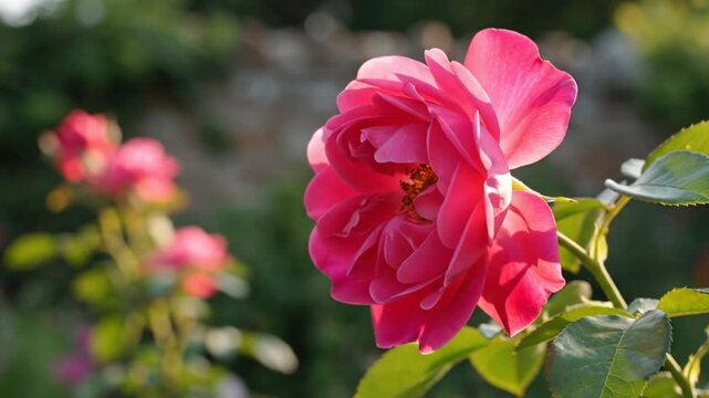 Close up view of a vibrant pink rose in full bloom with green leaves, illuminated by sunlight in a garden setting