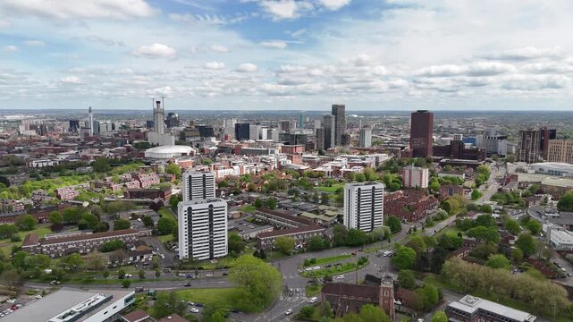 Birmingham UK Skyline Drone Flyover Featuring BT Tower and Beetham Tower Landmarks