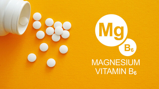 Magnesium B6 Supplement for Stress Relief, Nervous System Support, Muscle Recovery, Energy Metabolism and Daily Wellness Healthcare Concept