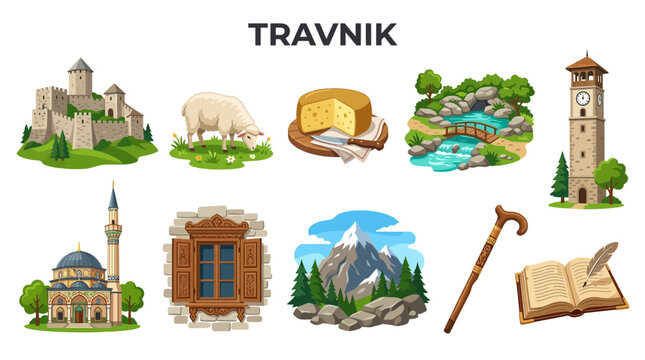 Collection of Travnik City Symbols and Landmarks.