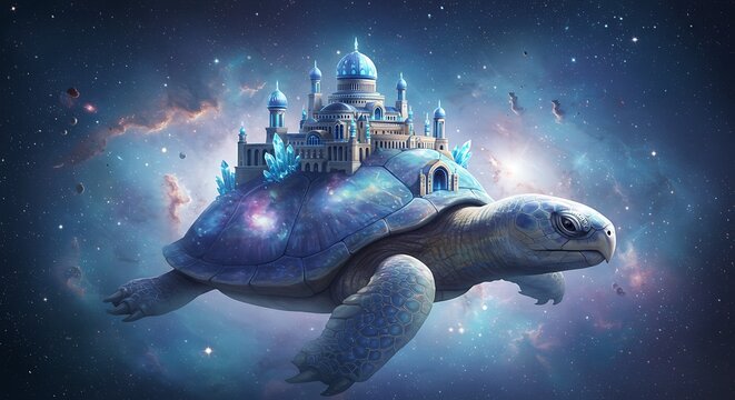 Ilustra&ccedil;&atilde;o fant&aacute;stica de uma tartaruga gigante carregando um castelo pelo espa&ccedil;o.