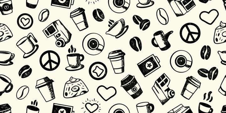 Coffee themed doodle pattern with cups beans and peace signs