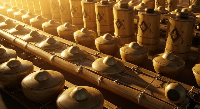 Instrumento musical tradicional com componentes de madeira e luz solar quente.