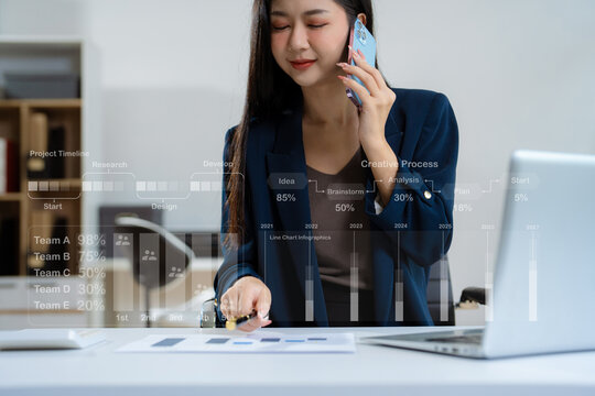 woman hand Project manager working and update tasks and Gantt chart scheduling virtual diagram with smart phone and laptop in office.