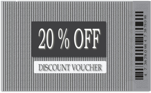 Grey Striped 20 Percent Off Discount Voucher Template with Retail Barcode Design. retail discount voucher template featuring bold "20% OFF" text. 