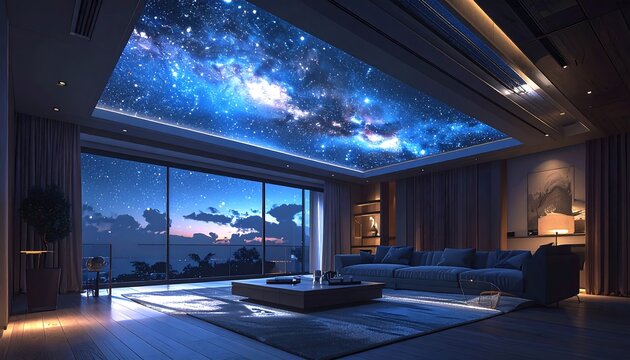 Interior living room with a futuristic starry night sky projection ceiling