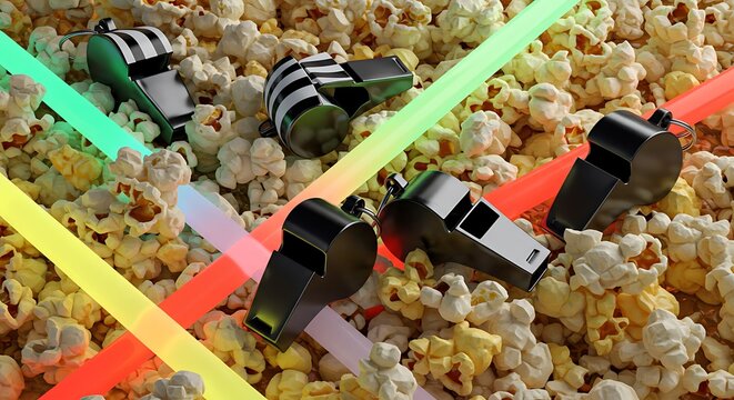 Apitos em meio &agrave; pipoca com feixes de luz coloridos: design conceitual abstrato